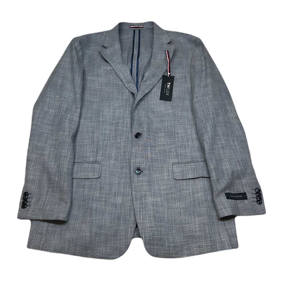 Tommy‎ Hilfiger Sport Coat 44L 44 Denim Blue Patterned TH Flex Blazer $295 NEW